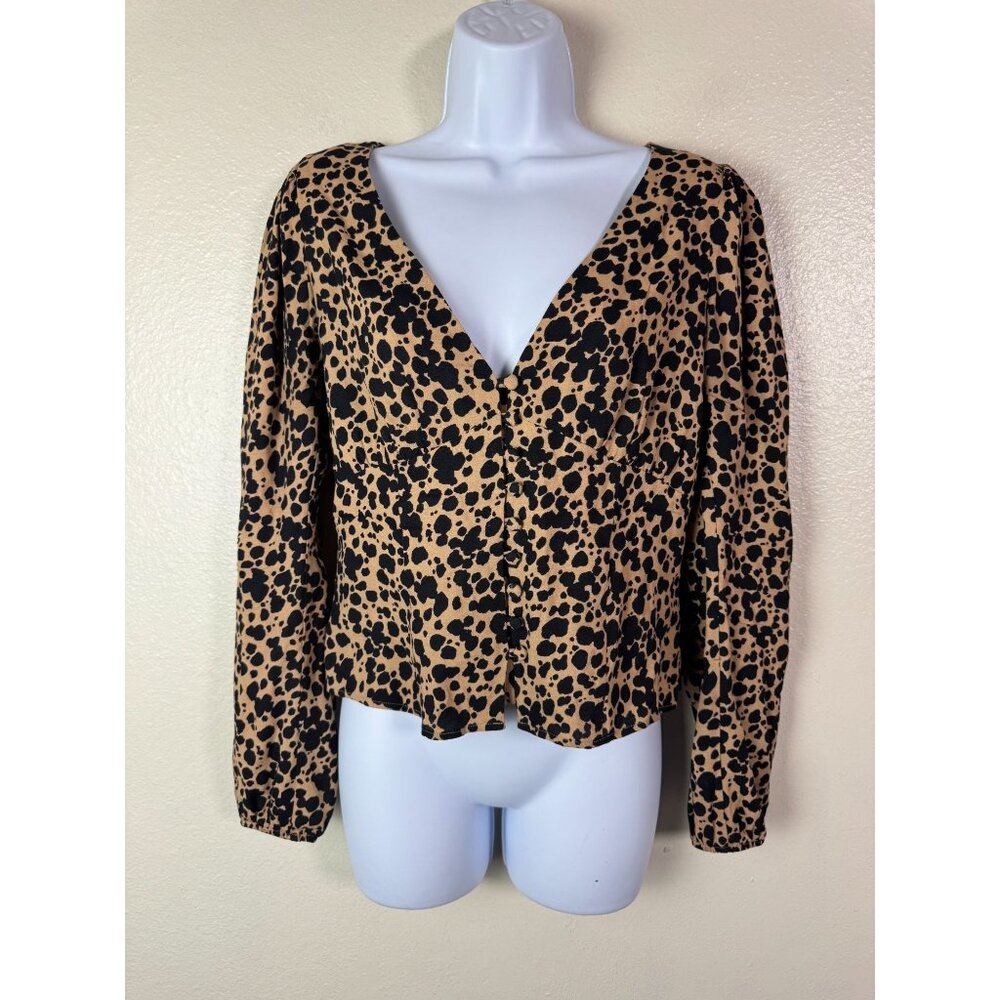 Reformation Leopard Button Front Long Sleeves Top Size Medium Boho peasant